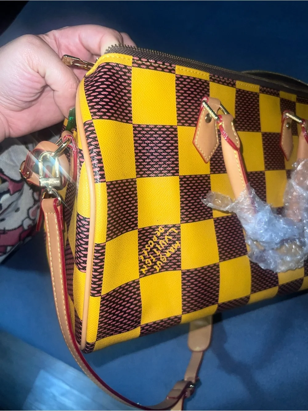 Yellow & Brown Checkered Women's Satchel Handbag